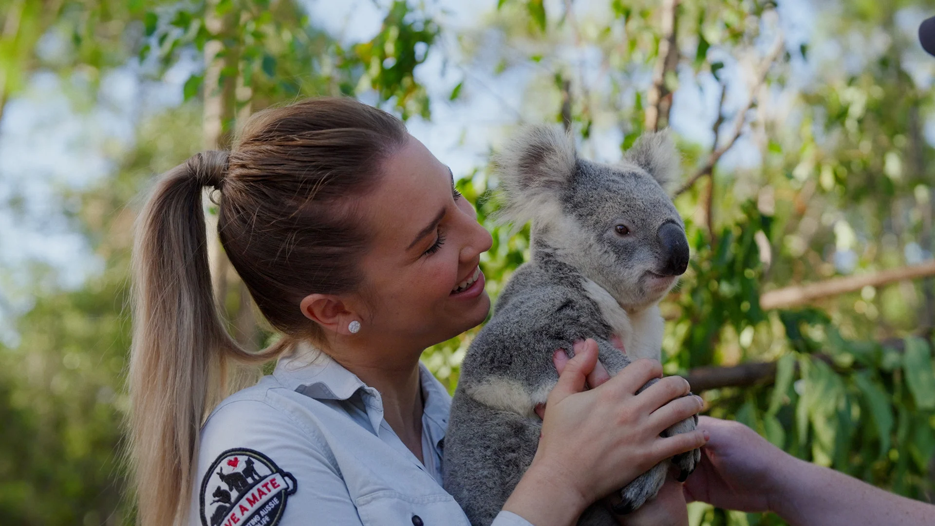 A woman wearing a light shirt with a patch smiles while holding a koala; trees and greenery are visible in the background.