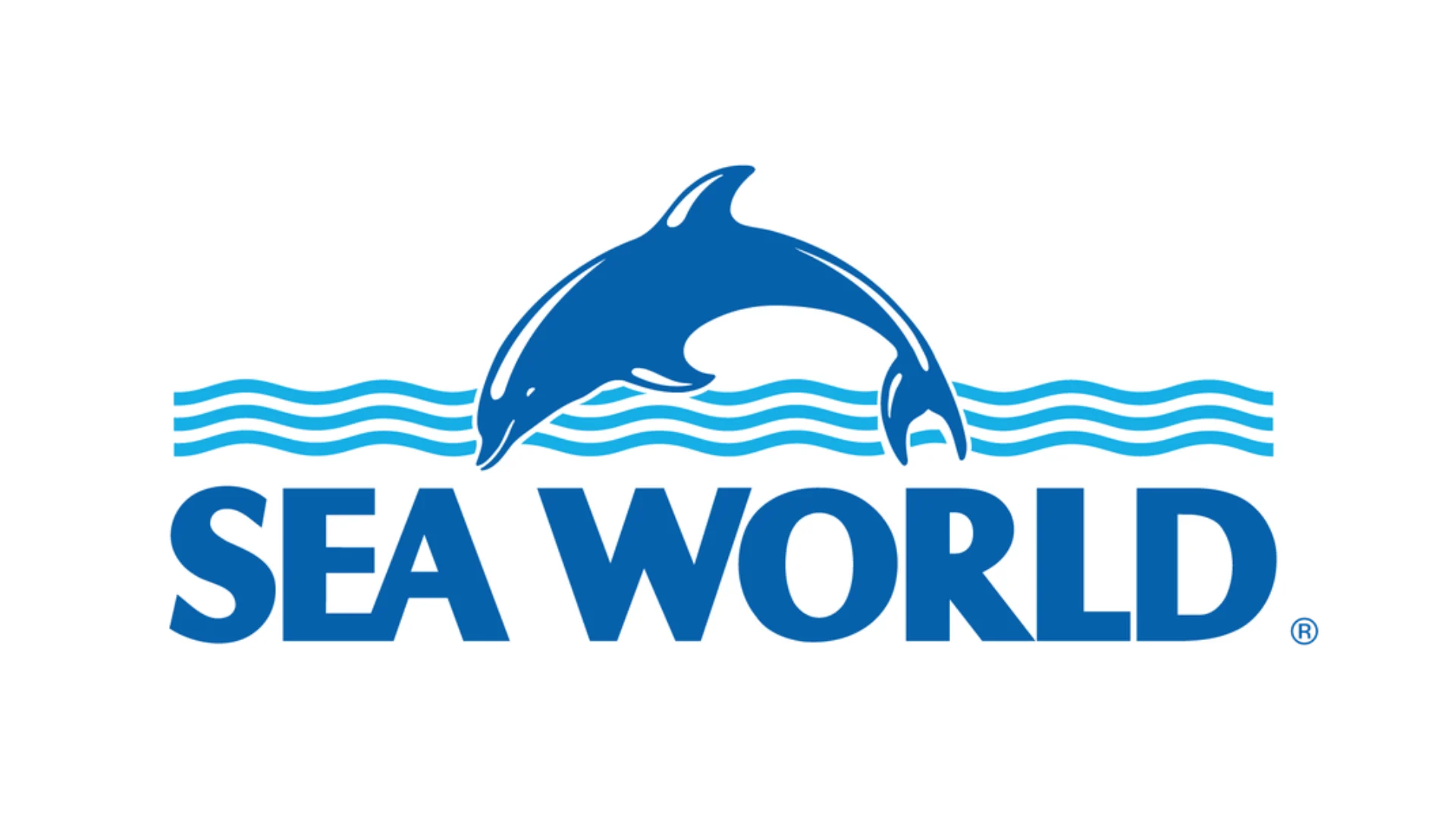 SeaWorld logo featuring a blue dolphin jumping over stylized blue waves, with the words "SEA WORLD" in bold blue uppercase letters beneath the dolphin.