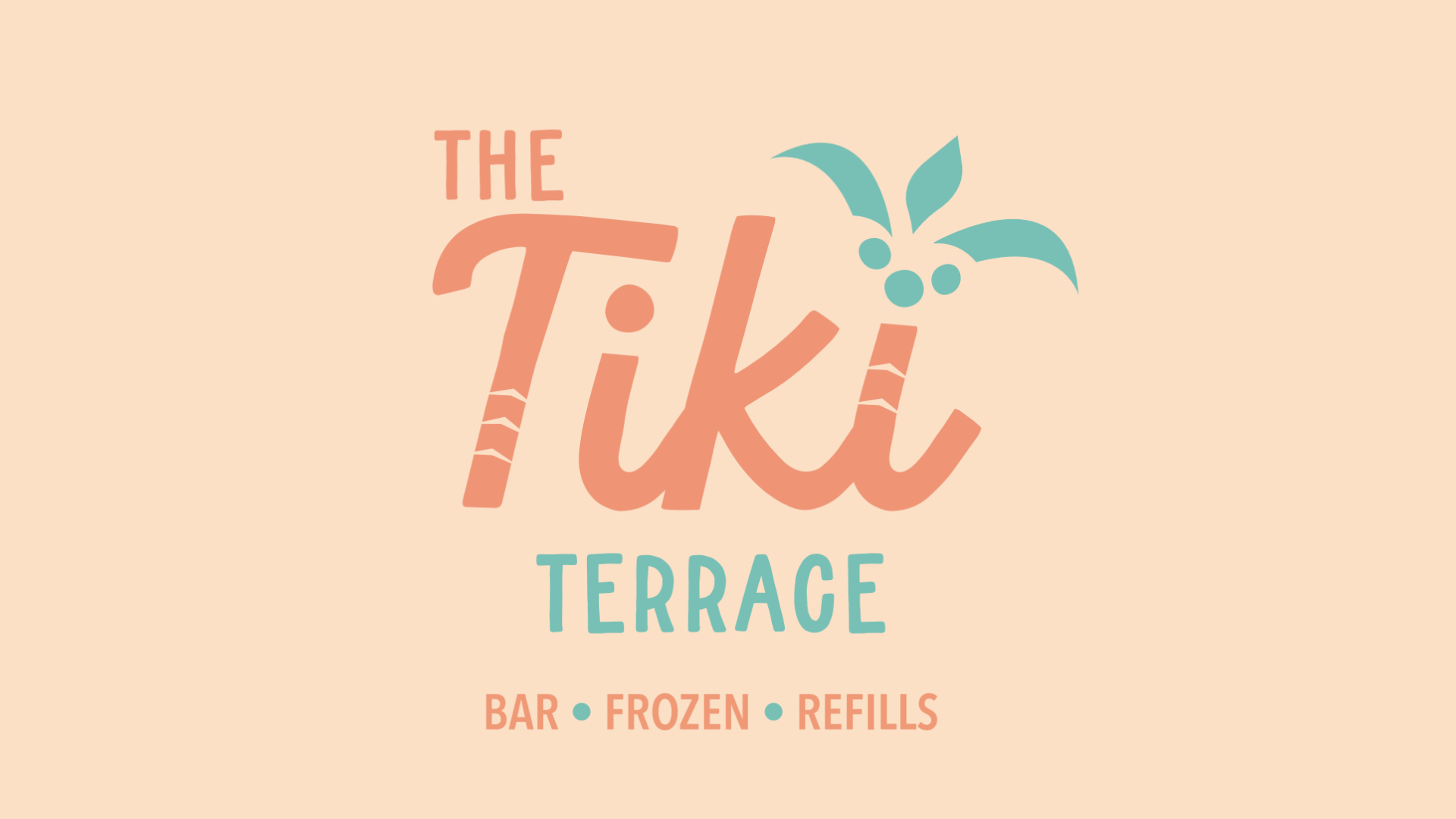 Text logo for "The Tiki Terrace" with the words "Bar • Frozen • Refills," featuring a palm tree design.