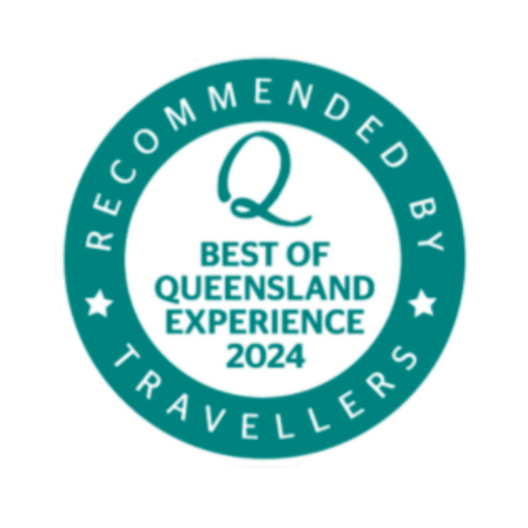 Circular badge reading: "Recommended by Travellers, Best of Queensland Experience 2024" in teal and white colors with stars.