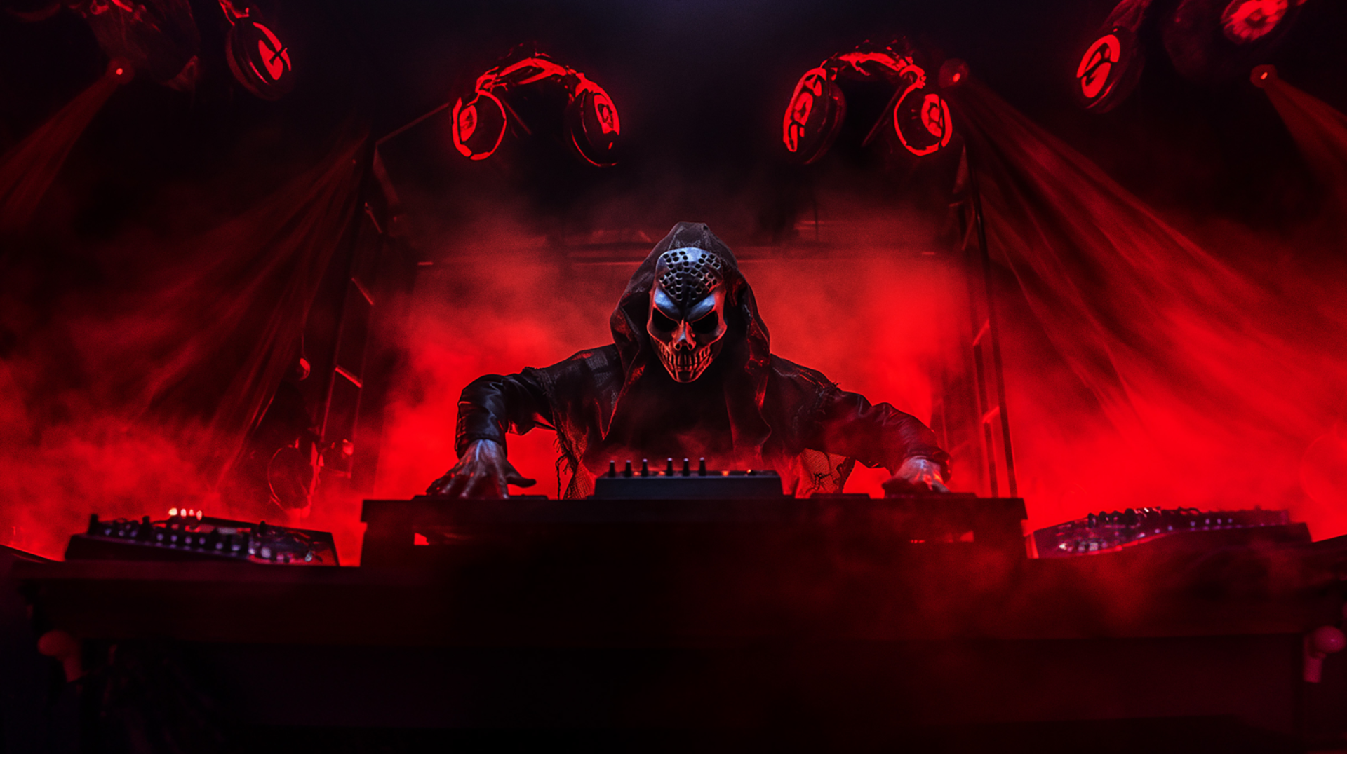 DJ in skull mask and hood performing at DJ booth, bathed in red stage lighting with fog and dramatic spotlights overhead.