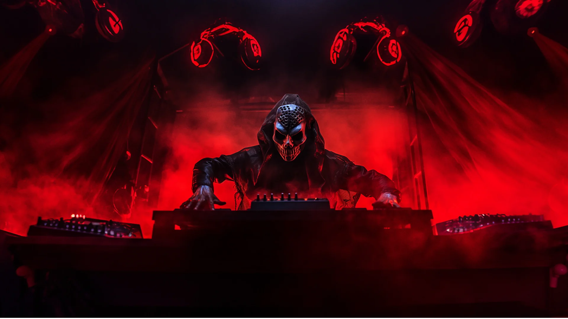 DJ in skull mask and hood performing at DJ booth, bathed in red stage lighting with fog and dramatic spotlights overhead.