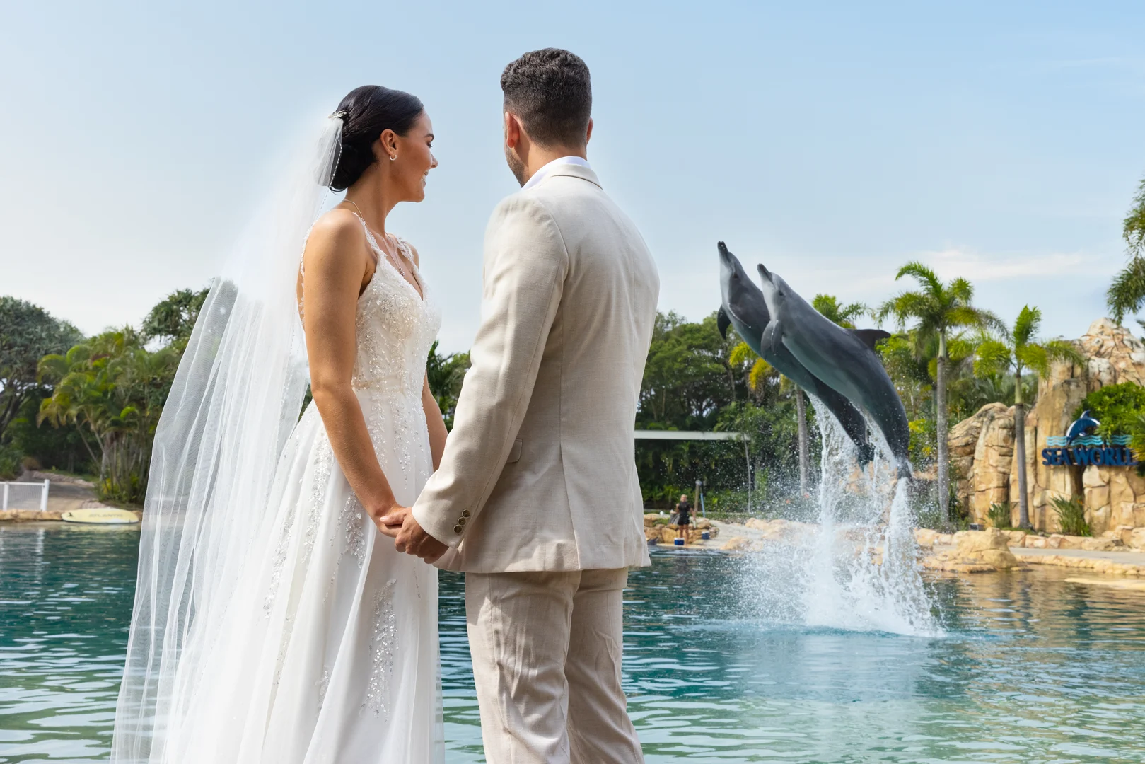 A bride and groom stand by a lagoon holding hands while a dolphin jumps out of the water in the background.