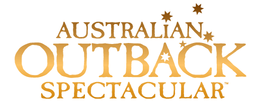 Logo for "Australian Outback Spectacular" in gold letters, with star shapes incorporated into the text and around the word "OUTBACK.