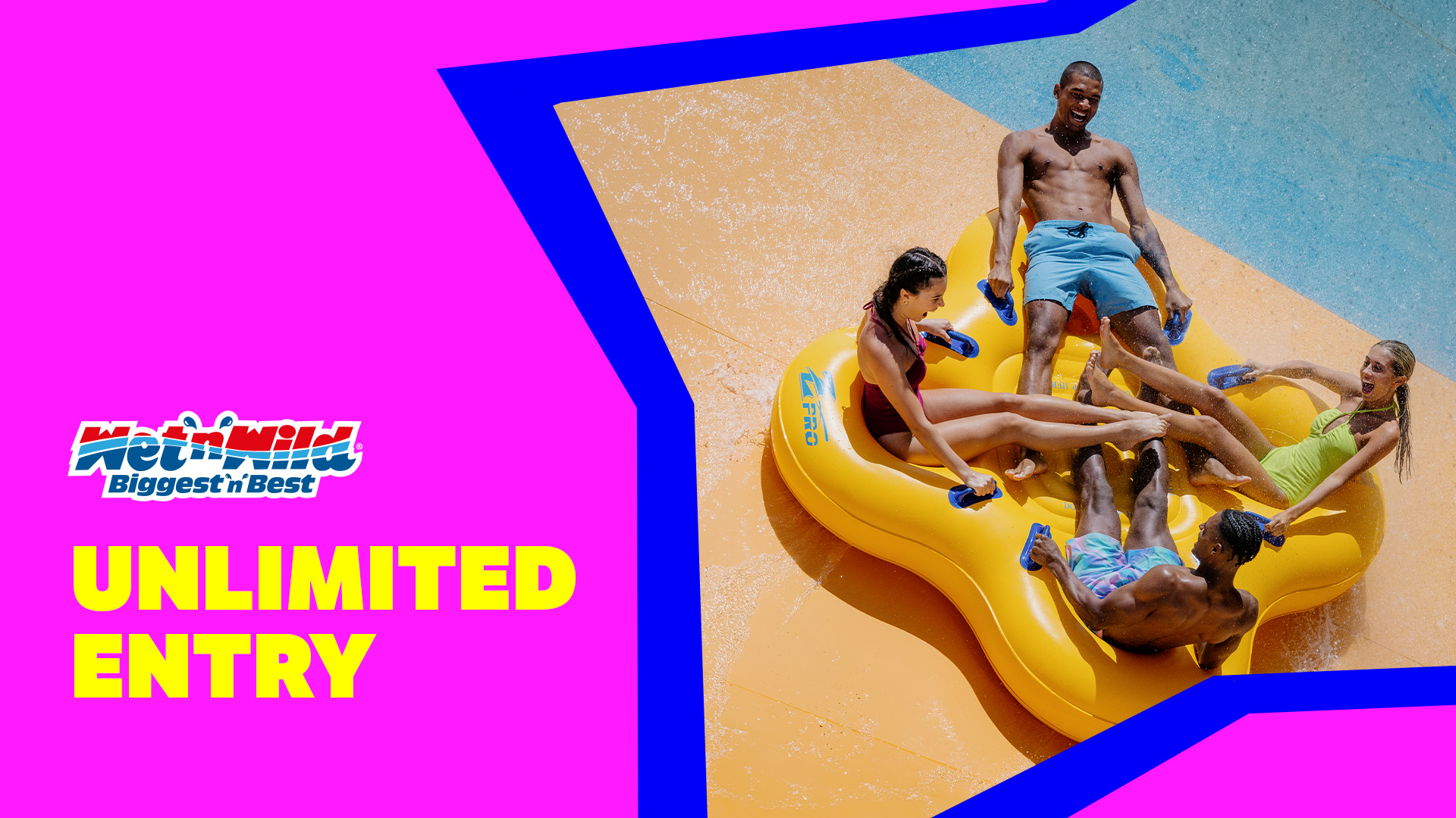 A graphic showing unlimited entry to Wet'n'Wild with an image of the Tornado