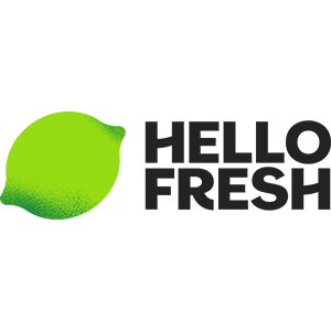 HelloFresh logo featuring a bright green lemon shape on the left and the words "HELLO FRESH" in bold black letters on the right.