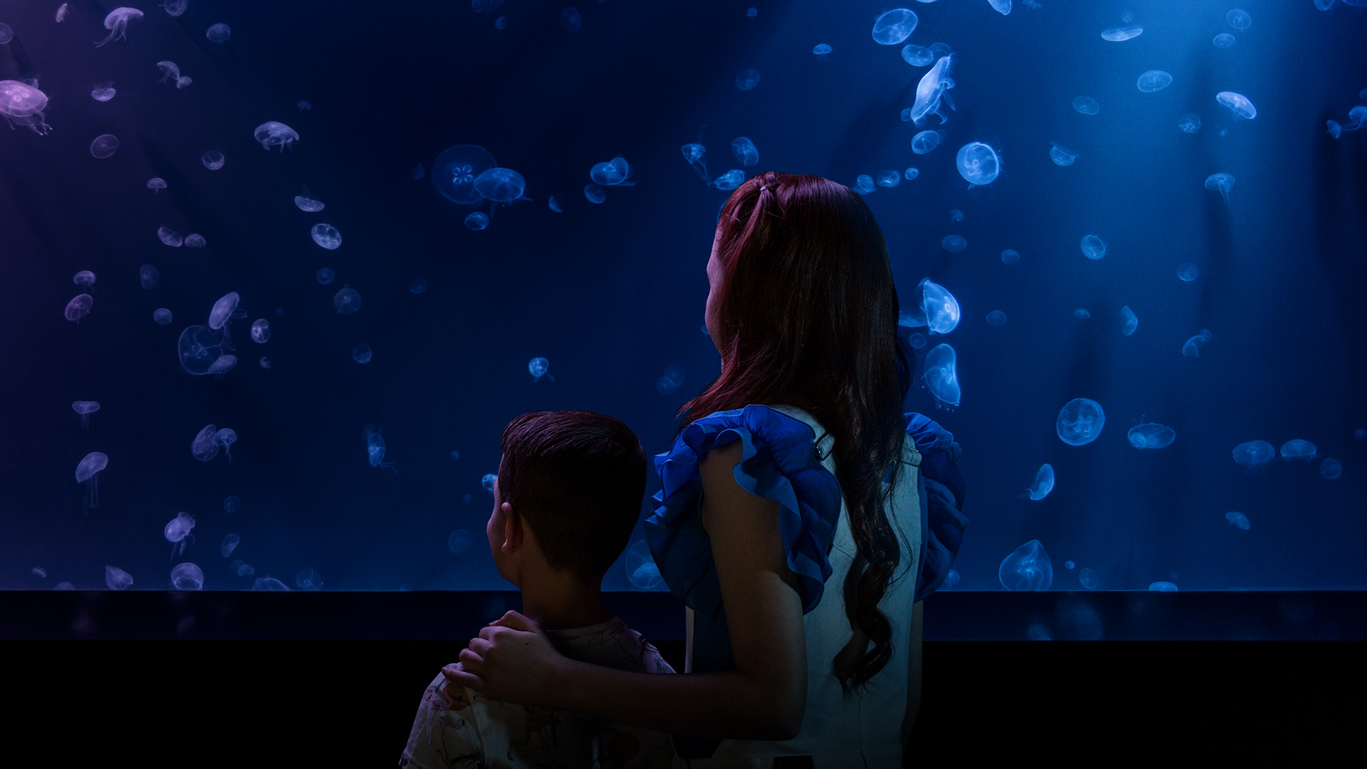 A woman and a child stand in front of a large aquarium tank filled with floating jellyfish, illuminated by blue light.