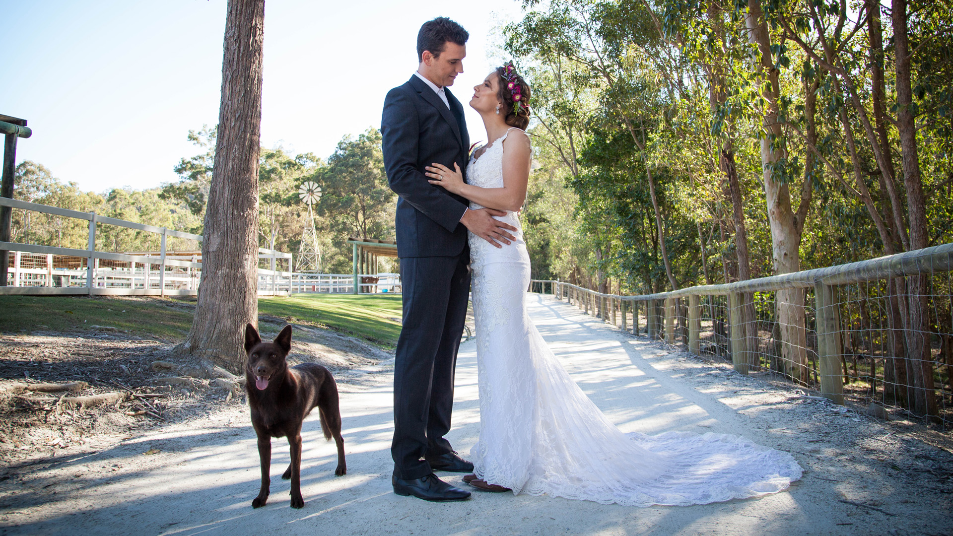 Bride and groom stand in the middle of a gravel pathway, with a dog standing beside them.