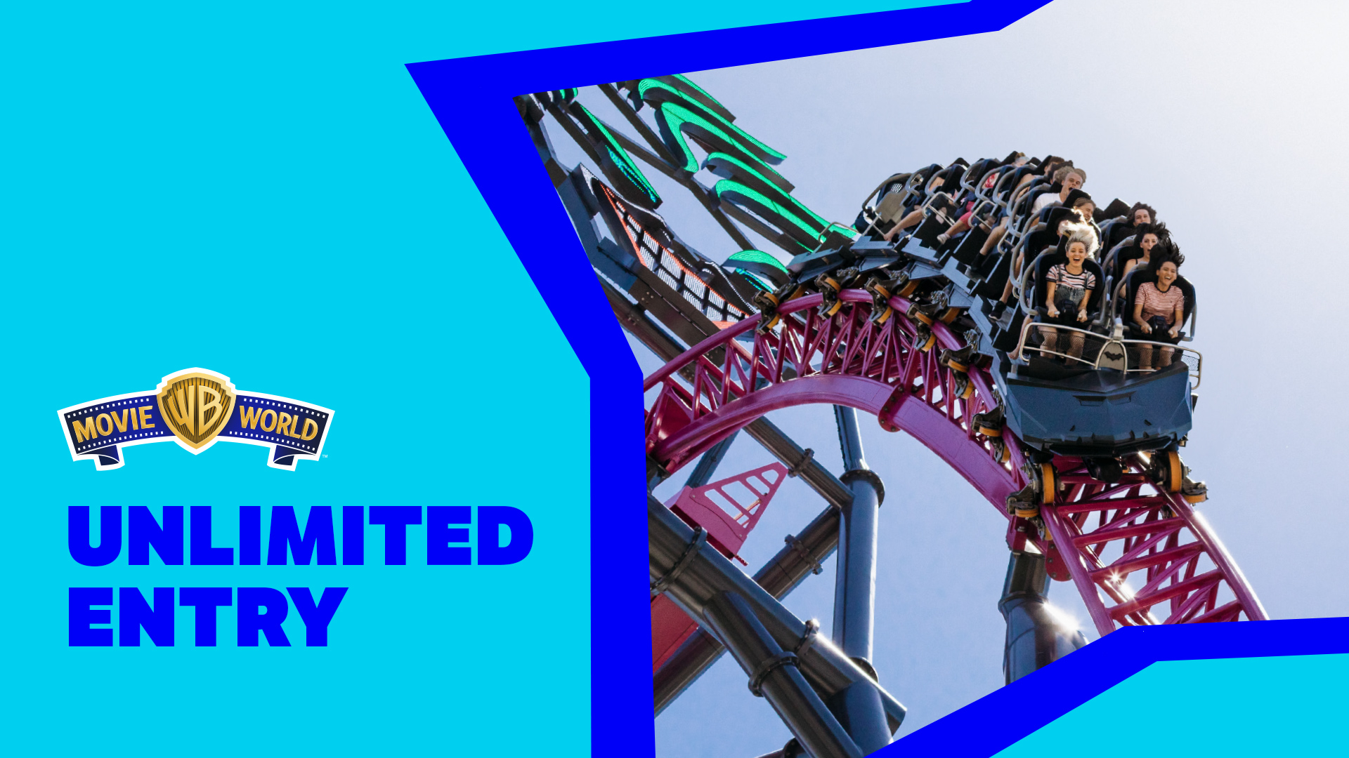 People ride a roller coaster at Warner Bros. Movie World under a clear sky, with “UNLIMITED ENTRY” text and the Movie World logo on a blue background to the left of the image.