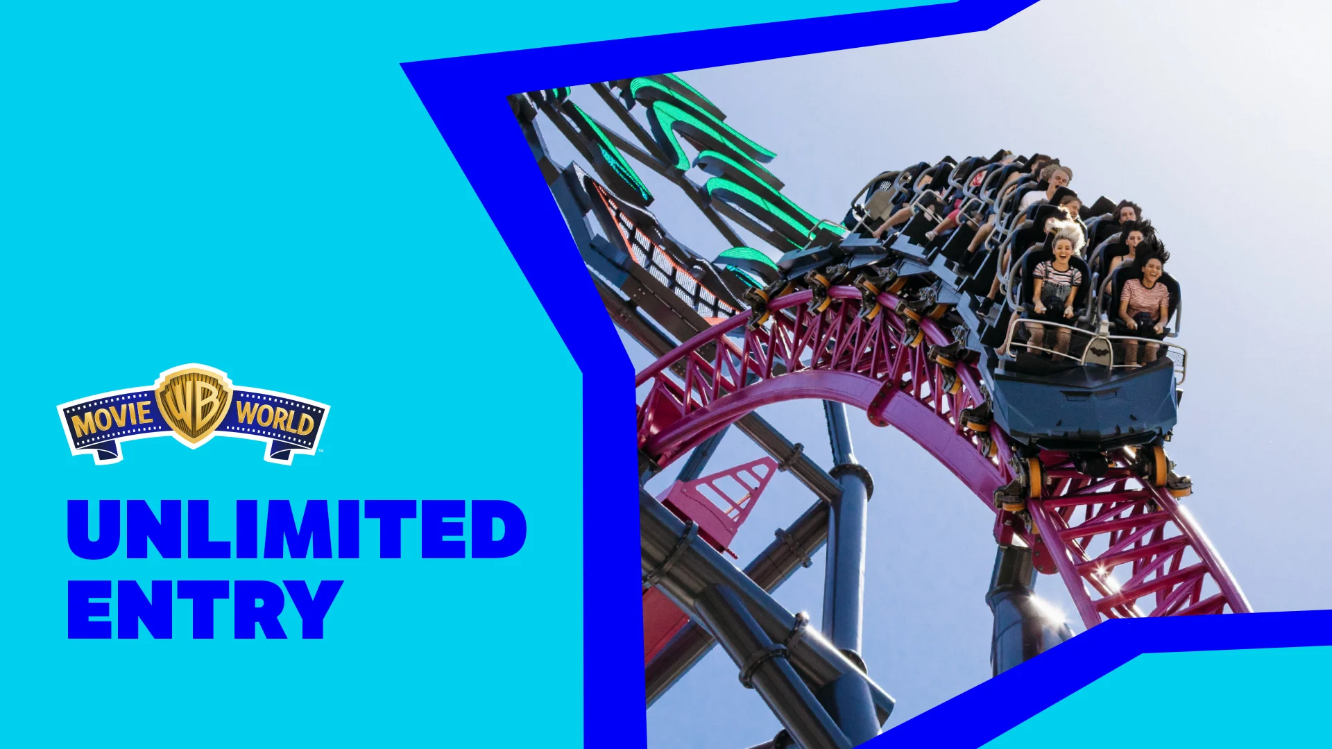 People ride a roller coaster at Warner Bros. Movie World under a clear sky, with “UNLIMITED ENTRY” text and the Movie World logo on a blue background to the left of the image.
