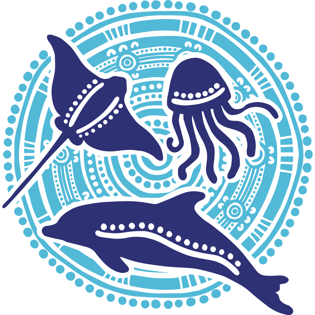 Stylized sea creatures, including a manta ray, jellyfish, and dolphin, are illustrated in dark blue against a circular light blue patterned background.