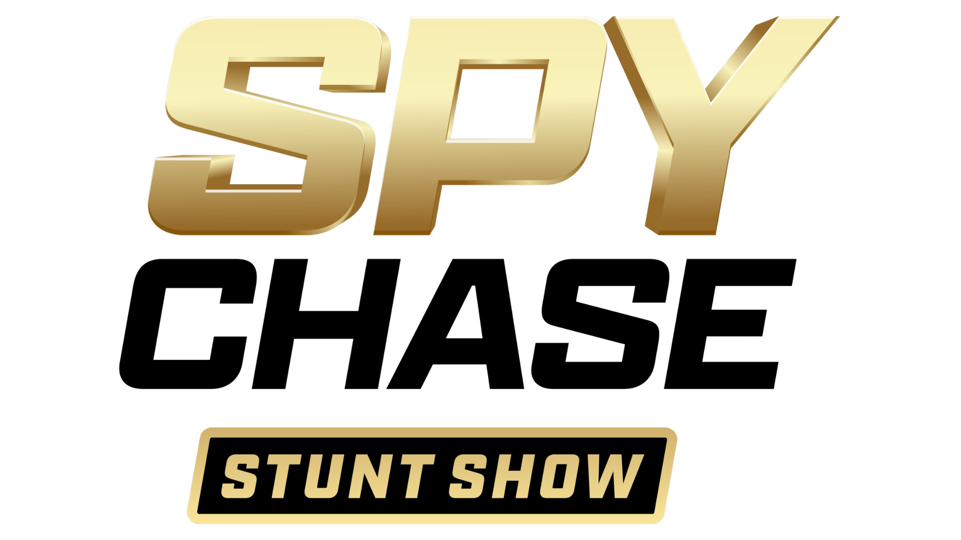 Logo for "Spy Chase Stunt Show" with bold gold and black text. "SPY" is large and gold, "CHASE" is black, and "STUNT SHOW" is in a gold-outlined black box beneath the main text.
