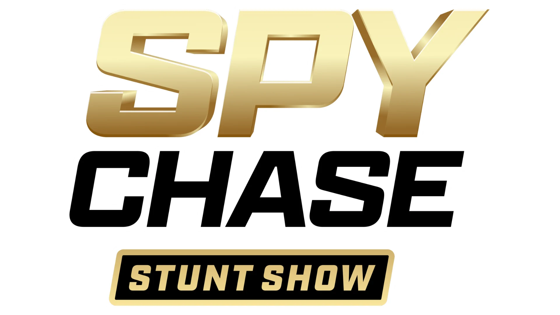 Logo for "Spy Chase Stunt Show" with bold gold and black text. "SPY" is large and gold, "CHASE" is black, and "STUNT SHOW" is in a gold-outlined black box beneath the main text.