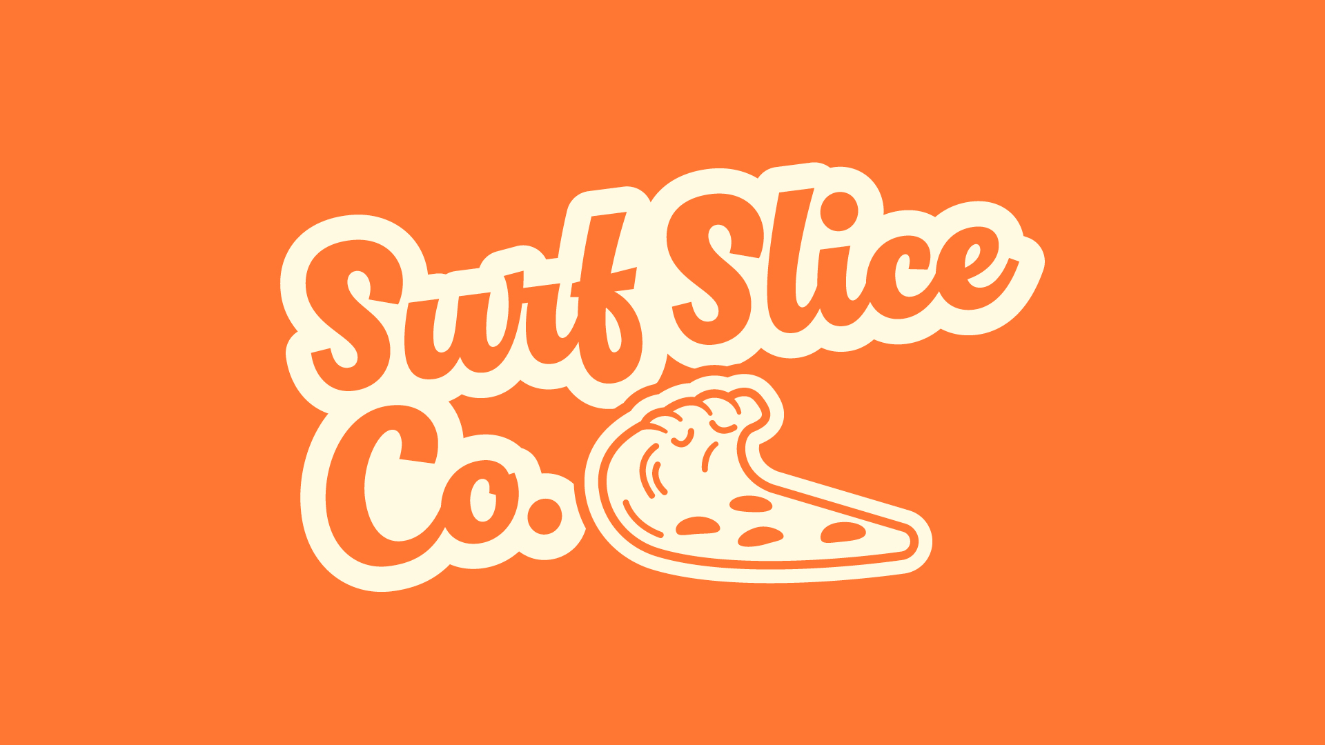 Logo for "Surf Slice Co." in white, playful script on an orange background, featuring a stylized pizza slice icon with wavy crust and visible toppings, integrated with the company name.