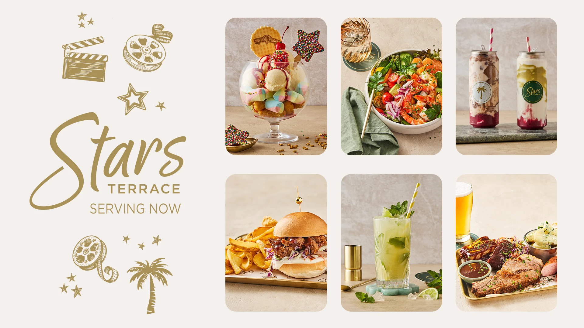A collage showing gourmet dishes and drinks, including a dessert bowl, a salad, a burger with fries, a mojito, two creamy beverages, and a grilled meat platter with beer. Text reads "Stars Terrace Serving Now" with gold star graphics.