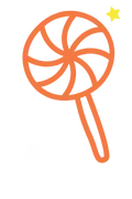 A simple, yellow outline of a lollipop with a swirled design, surrounded by colorful stars in pink, yellow, red, and a small faint gray star on a light background.