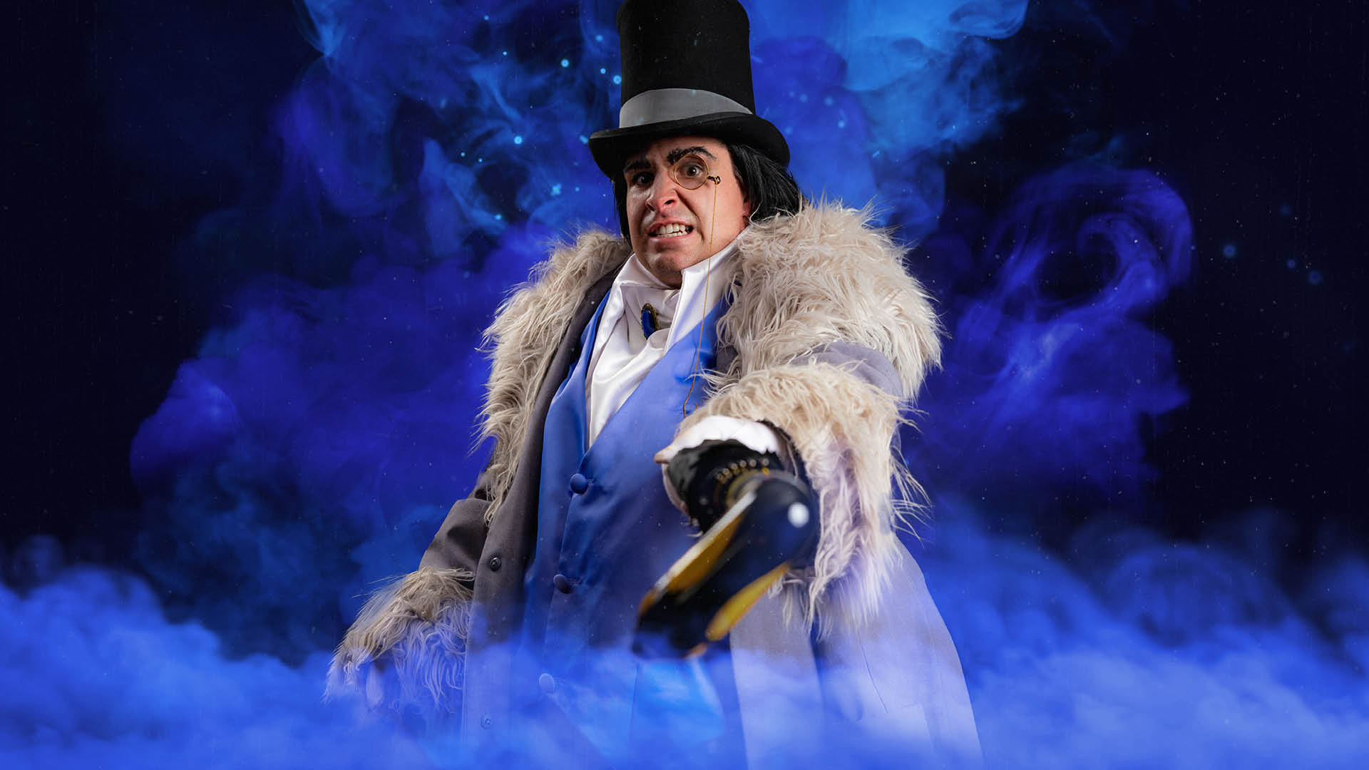 A person in a top hat and fur-collared coat points an umbrella forward, with green smoke swirling in the background.