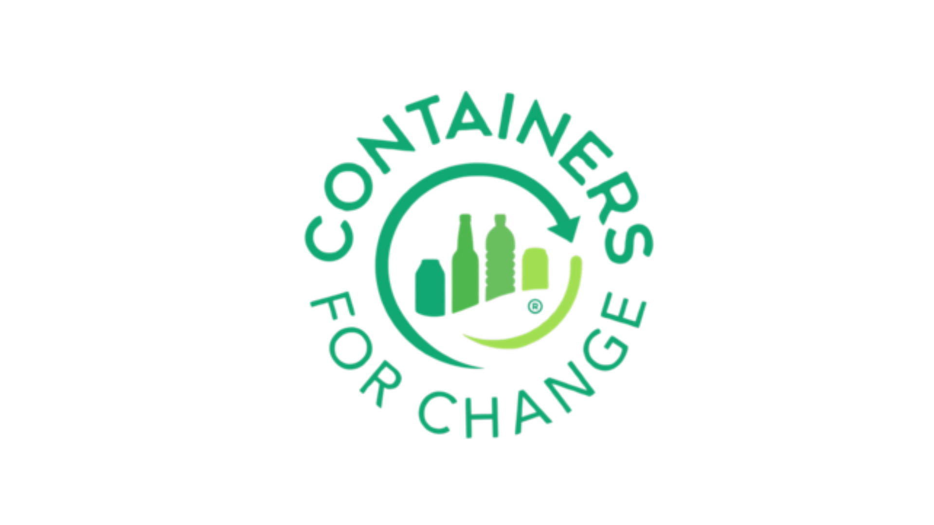 Containers for Change logo with silhouettes of various bottles inside a circular arrow, surrounded by the green text "Containers for Change.