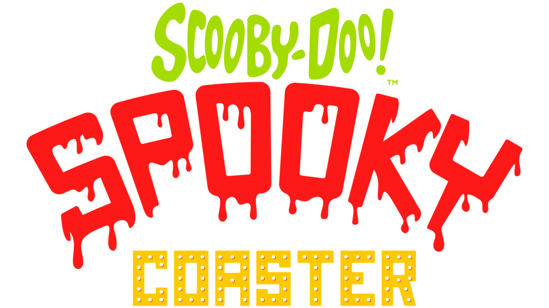 Logo with text: “Scooby-Doo!” in green, “Spooky” in large, red, dripping letters, and “Coaster” in yellow letters with a lightbulb effect, referencing a themed amusement ride.