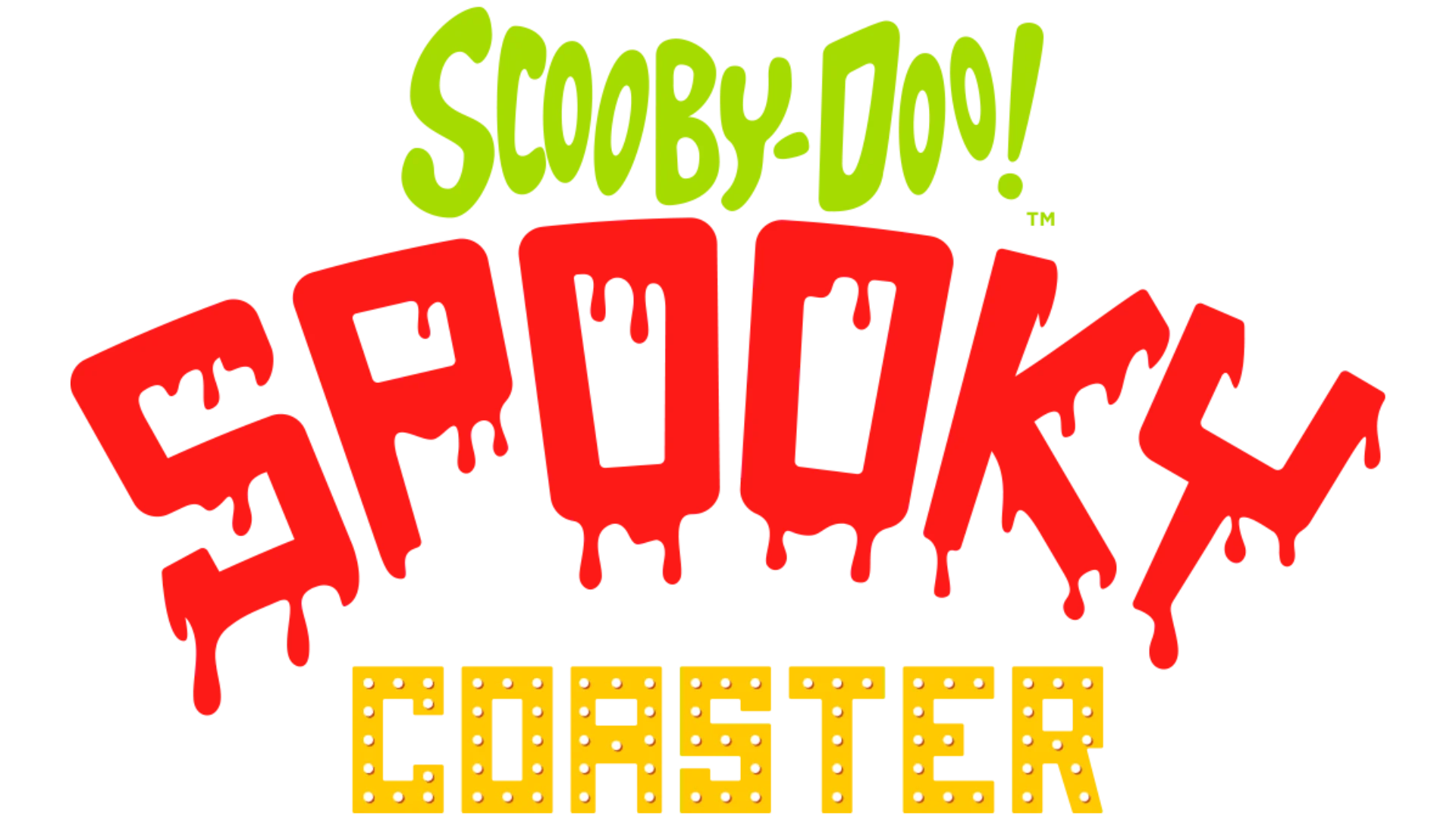 Logo with text: “Scooby-Doo!” in green, “Spooky” in large, red, dripping letters, and “Coaster” in yellow letters with a lightbulb effect, referencing a themed amusement ride.