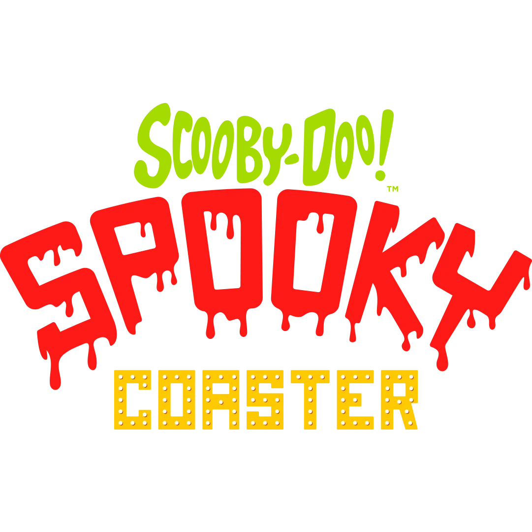 Logo with text: “Scooby-Doo!” in green, “Spooky” in large, red, dripping letters, and “Coaster” in yellow letters with a lightbulb effect, referencing a themed amusement ride.