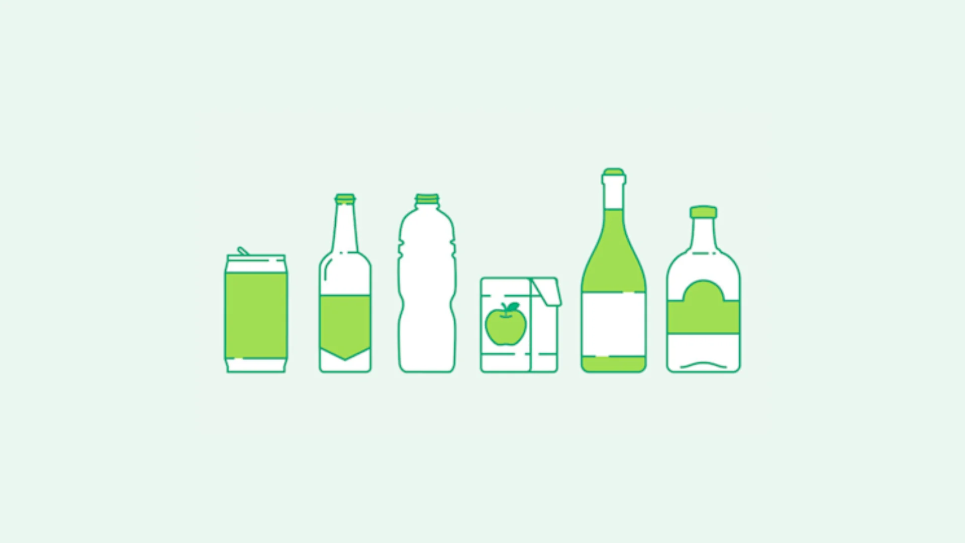 Illustration of six beverage containers: a can, two glass bottles, a plastic bottle, a juice box with an apple symbol, and a wine or liquor bottle, all outlined in green.