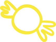 A simple, yellow, hand-drawn outline of a wrapped candy with twisted ends on both sides. The candy is circular in the center.