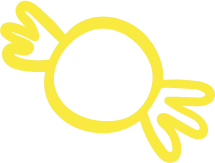 A simple, yellow, hand-drawn outline of a wrapped candy with twisted ends on both sides. The candy is circular in the center.