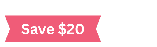 A pink ribbon banner with white text that says “Save $20” on a transparent background.