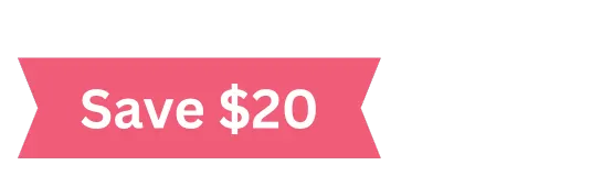 A pink ribbon banner with white text that says “Save $20” on a transparent background.