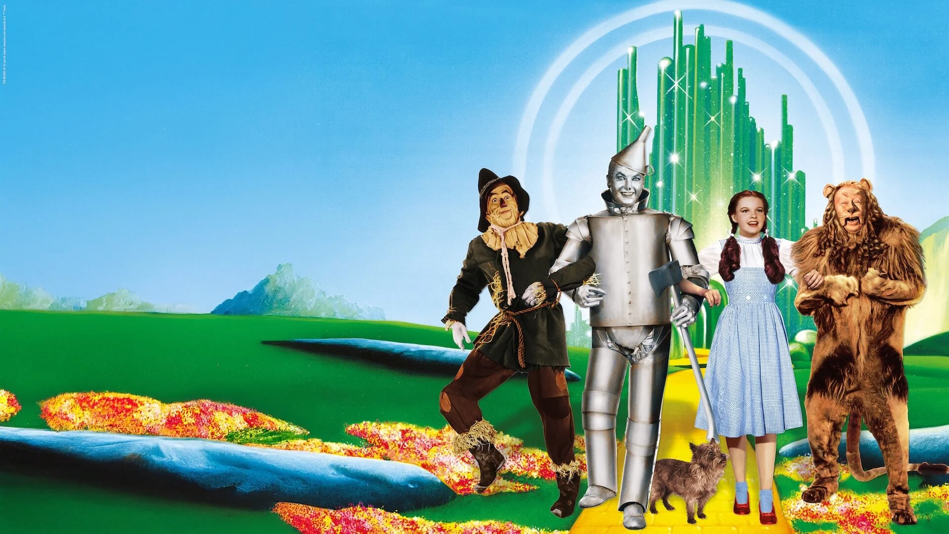Scarecrow, Tin Man, Dorothy, and Cowardly Lion walking along the Yellow Brick Road toward the Emerald City from The Wizard of Oz