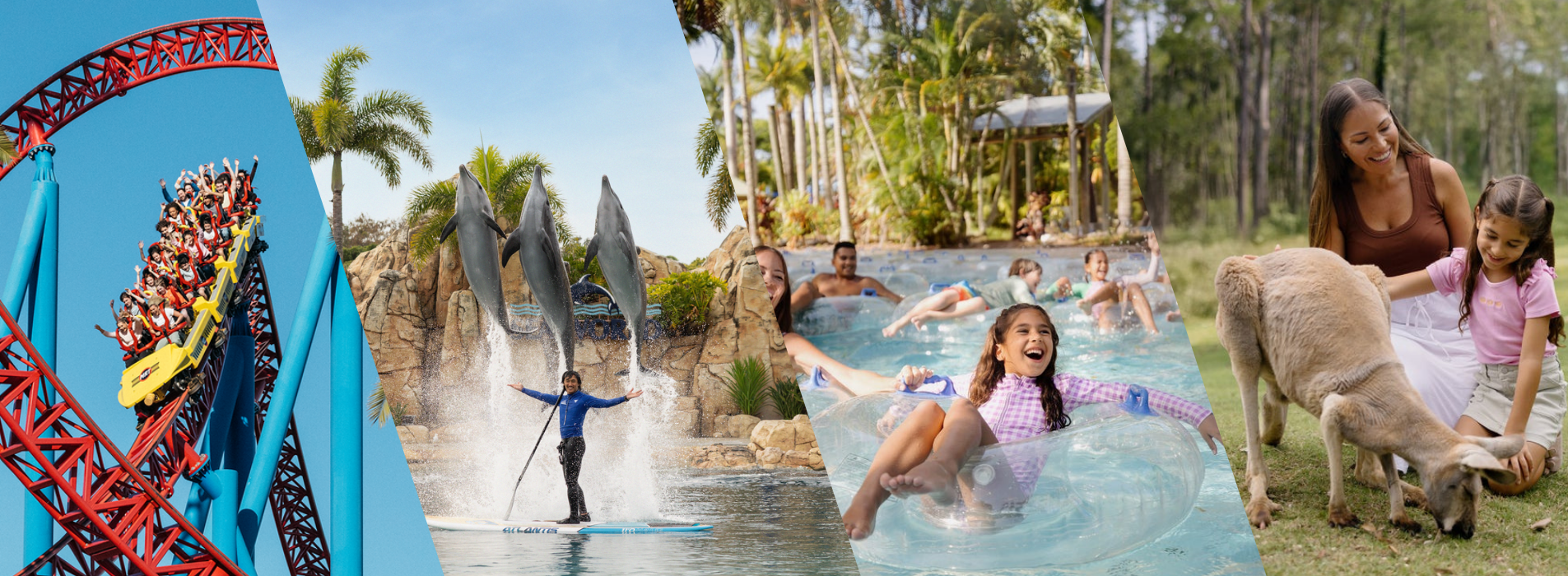 A collage shows people on a roller coaster, a dolphin show, children playing in a pool, and a woman with a girl feeding a kangaroo outdoors, highlighting various family-friendly activities.