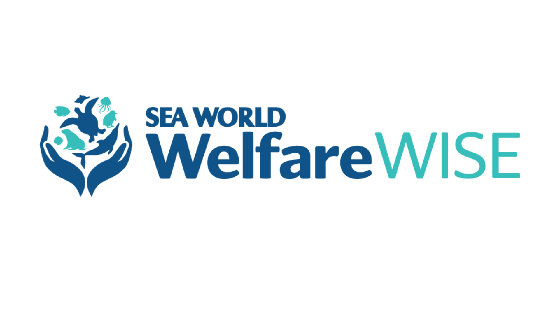 Logo for Sea World Welfare Wise featuring two blue hands holding aquatic animals, plants, and water, next to the text "SEA WORLD WelfareWISE" with "WISE" in light blue.