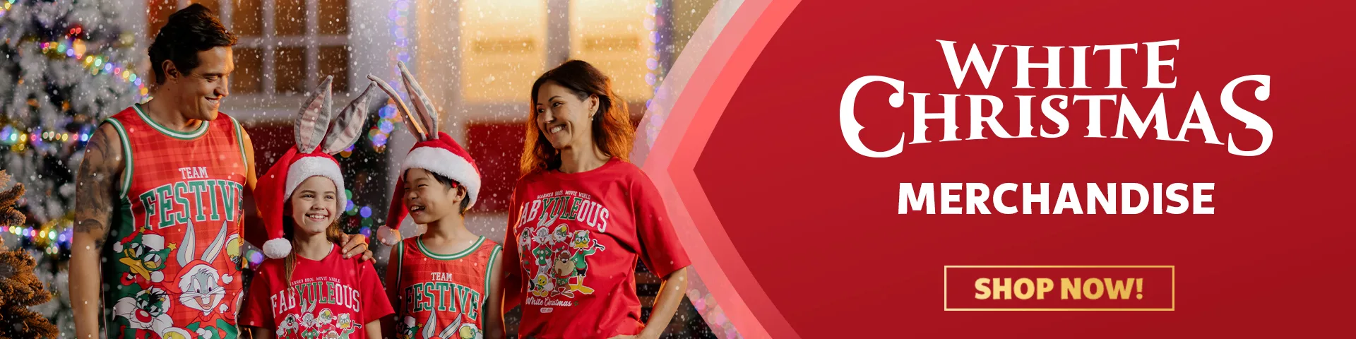 A smiling family in matching festive shirts and Santa hats stands by a decorated Christmas tree. Text reads “White Christmas Merchandise” and “Shop Now!” on a red background.