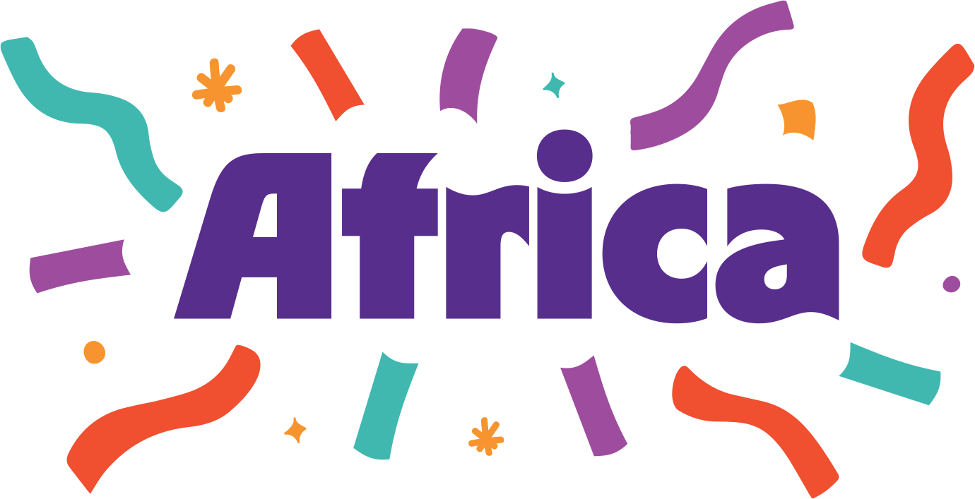 The word "Africa" in bold purple letters, surrounded by colorful confetti-like shapes in orange, teal, and purple on a light background.