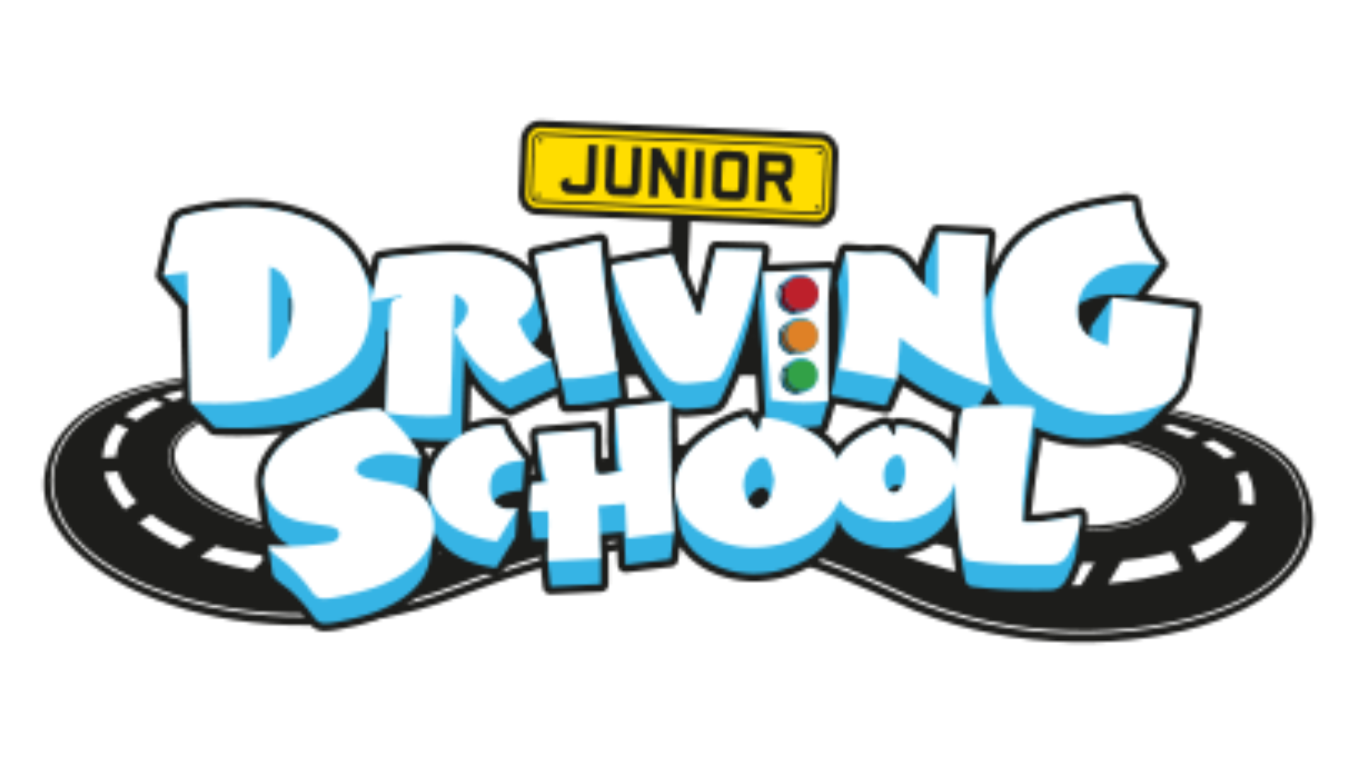 A colorful logo reads "Junior Driving School" in bold letters with a curved road and a yellow license plate design above the word "Driving." A small stoplight graphic is included within the text.