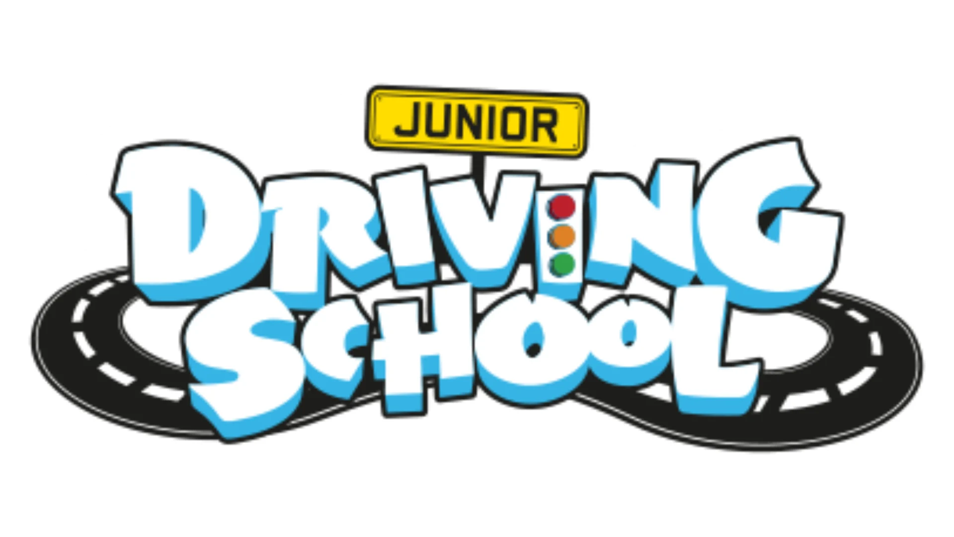 A colorful logo reads "Junior Driving School" in bold letters with a curved road and a yellow license plate design above the word "Driving." A small stoplight graphic is included within the text.