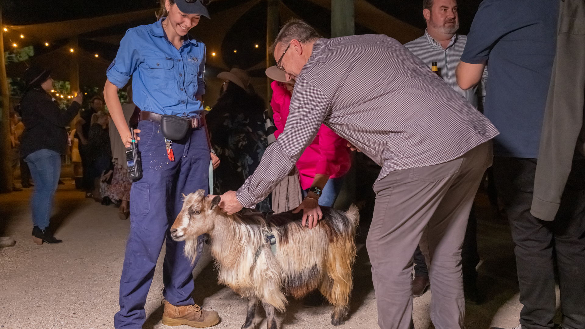 A man pets a goat while a woman in uniform stands nearby at an outdoor event with other people in the background.
