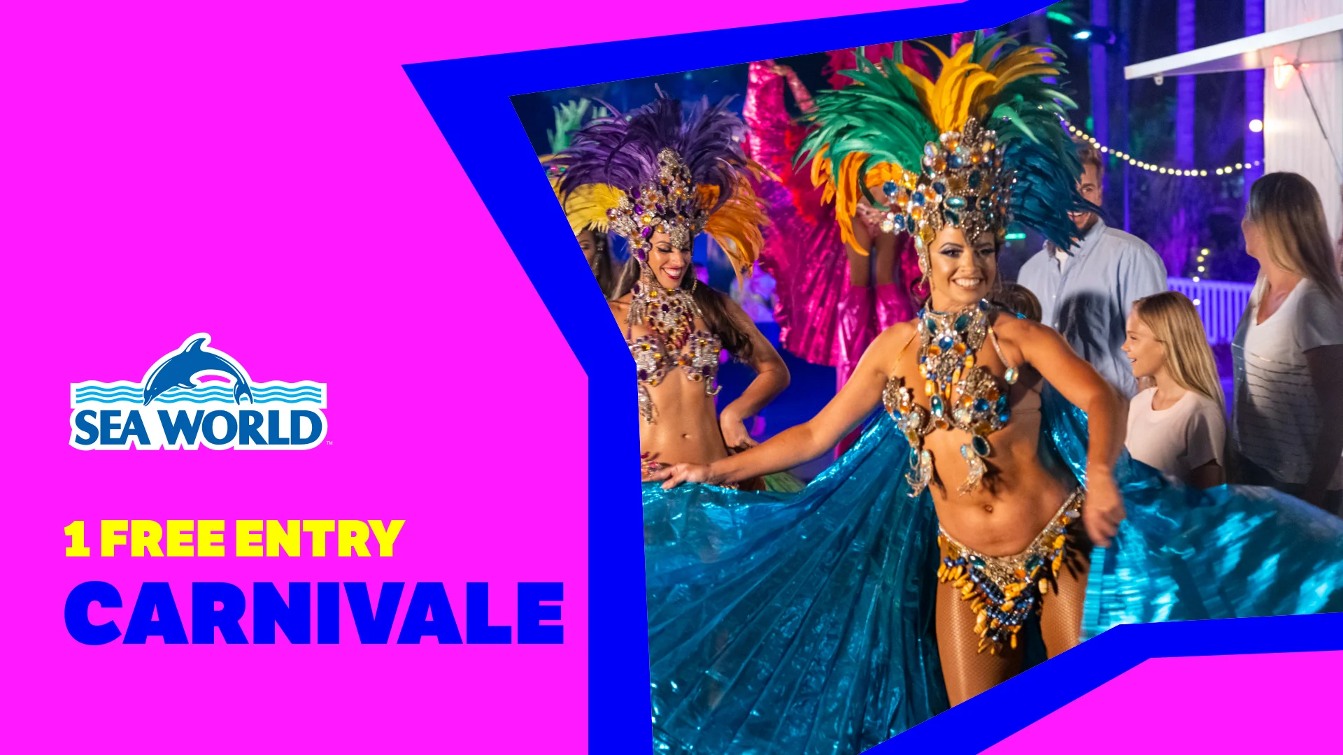 A graphic showing 1 free entry to Sea World Carnivale with an image of a woman dancing