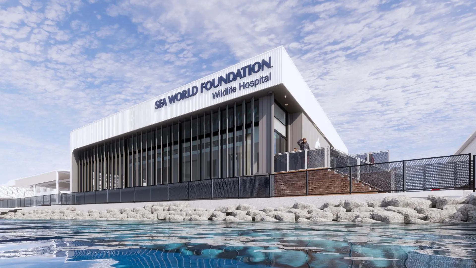 Exterior view of the Sea World Foundation Wildlife Hospital building situated next to a body of water.