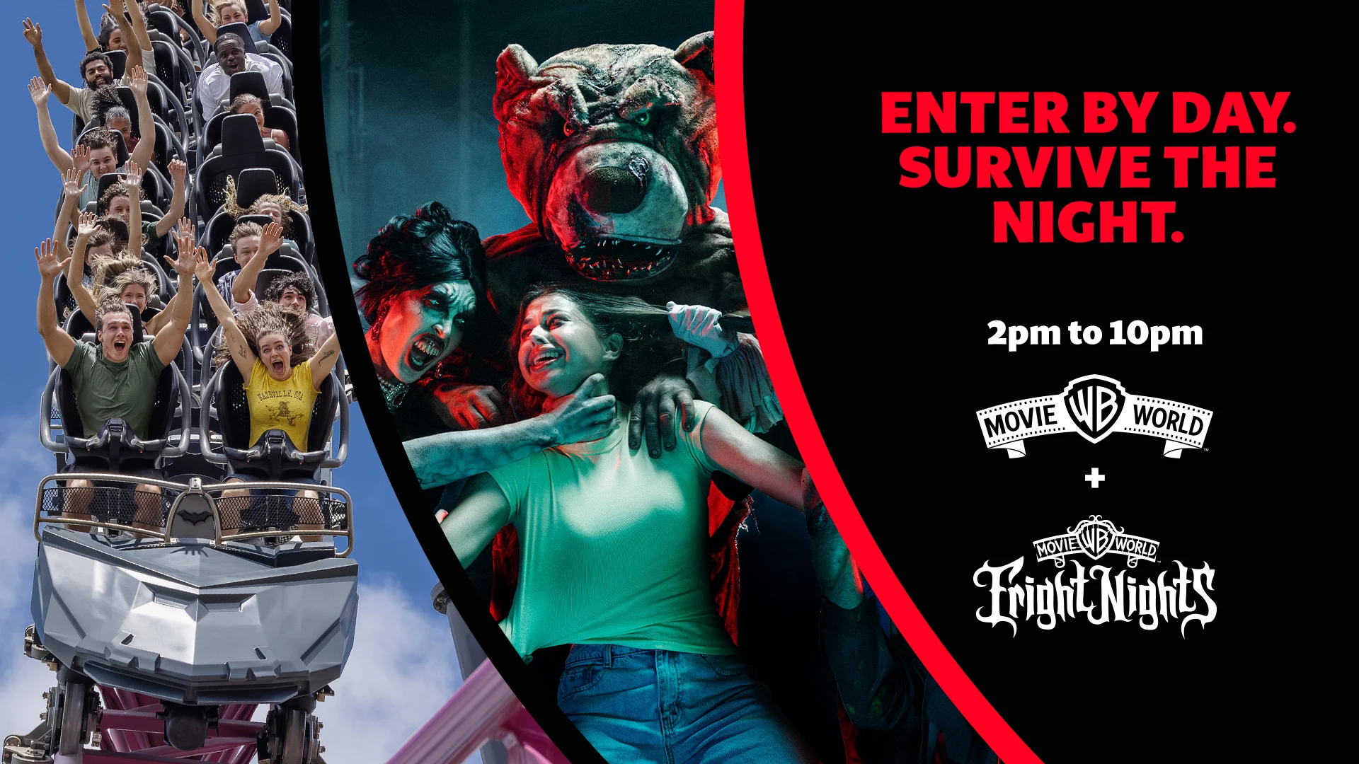 Promotional graphic for Warner Bros. Movie World Fright Nights showing people on a roller coaster and a monster looming over a woman, with the text “Enter by day. Survive the night. 2pm to 10pm.”.