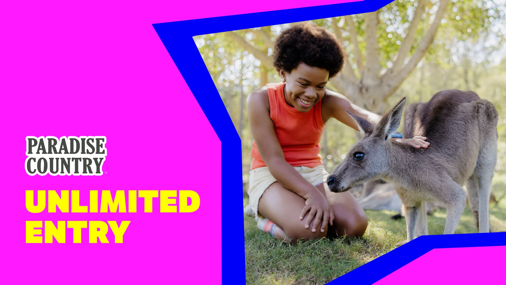 A graphic showing unlimited entry to Paradise Country with an image of a kangaroo