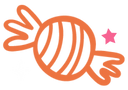 Simple orange line drawing of a round piece of candy, wrapped at both ends with twisted wrappers.