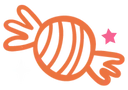 Simple orange line drawing of a round piece of candy, wrapped at both ends with twisted wrappers.