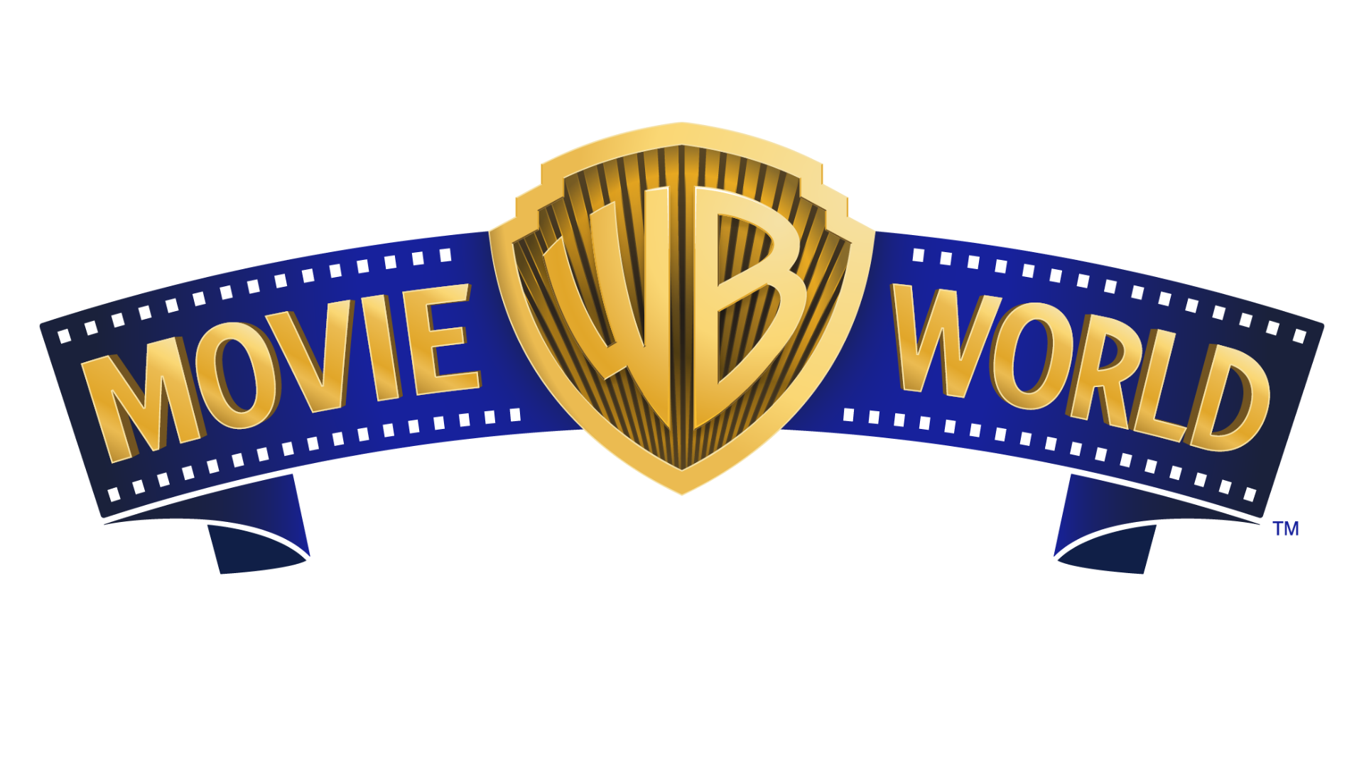 The image shows the Warner Bros. Movie World logo featuring a shield with "WB" and a film strip design around the text "Movie World".