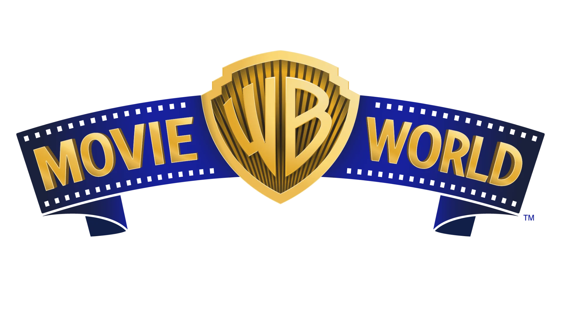 The image shows the Warner Bros. Movie World logo featuring a shield with "WB" and a film strip design around the text "Movie World".