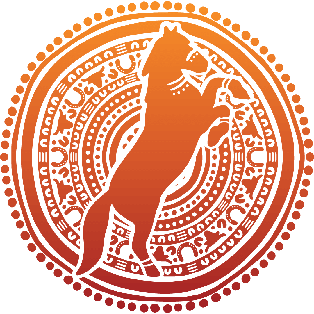 Circular design featuring a horse standing on its hind legs, surrounded by intricate patterns and dotted borders. The color scheme is a gradient of orange hues.