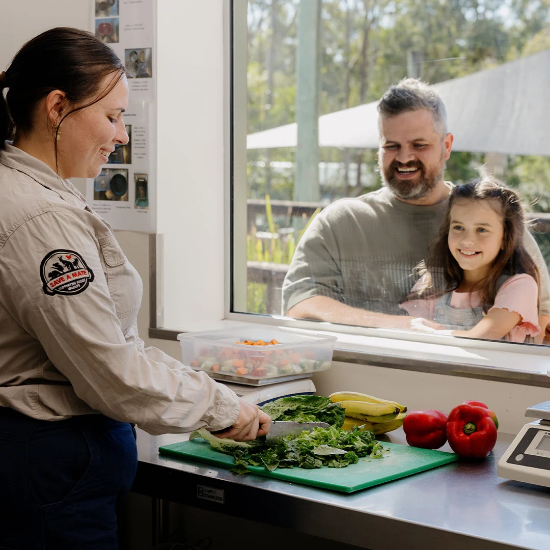 A woman in uniform chops leafy greens on a counter with fruits and vegetables while a smiling man and young girl watch through a window.