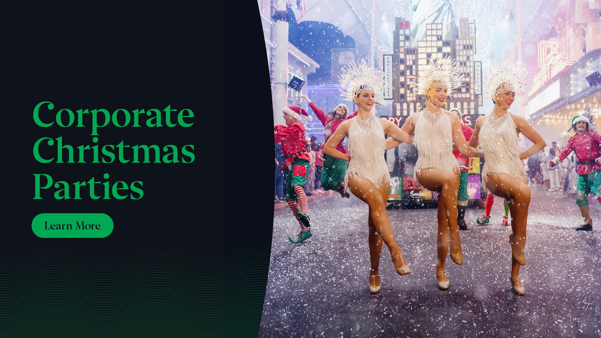 Three dancers in white costumes and feathered headpieces perform on stage with festive decorations and people in red and green outfits. Text reads "Corporate Christmas Parties" with a button labeled "Learn More.