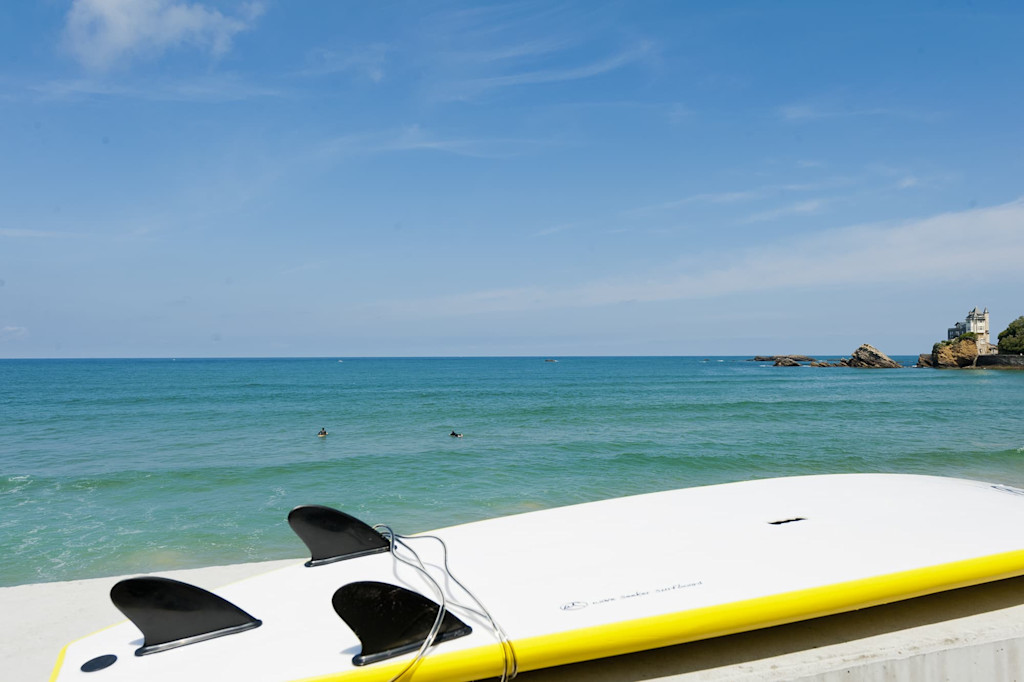Surfboard and Biarritz sea view